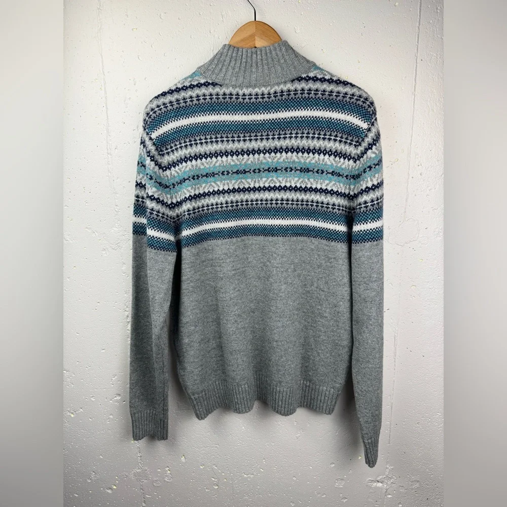 Lands End Men’s Fair Isle Quarter Zip Gray, blue, cotton wool blend Size M 38-40